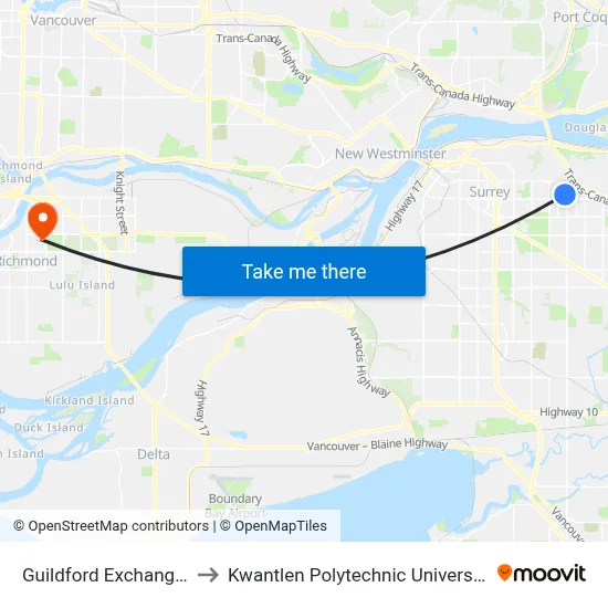 Guildford Exchange @ Bay 4 to Kwantlen Polytechnic University (Richmond) map