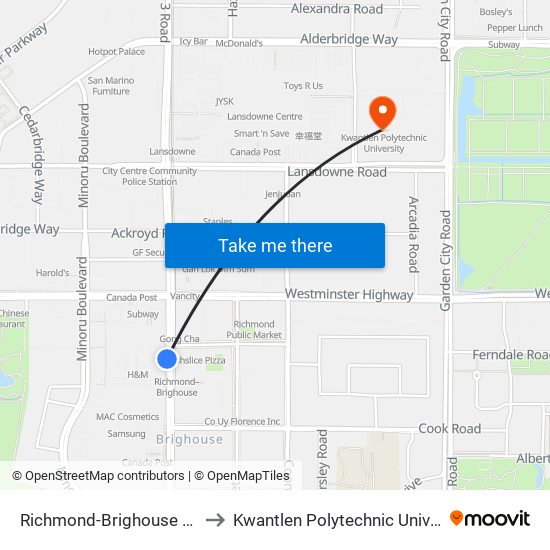 Richmond-Brighouse Station @ Bay 5 to Kwantlen Polytechnic University (Richmond) map