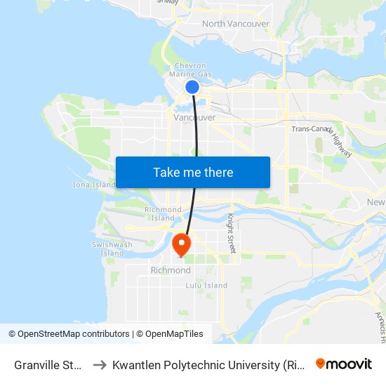 Granville Station to Kwantlen Polytechnic University (Richmond) map