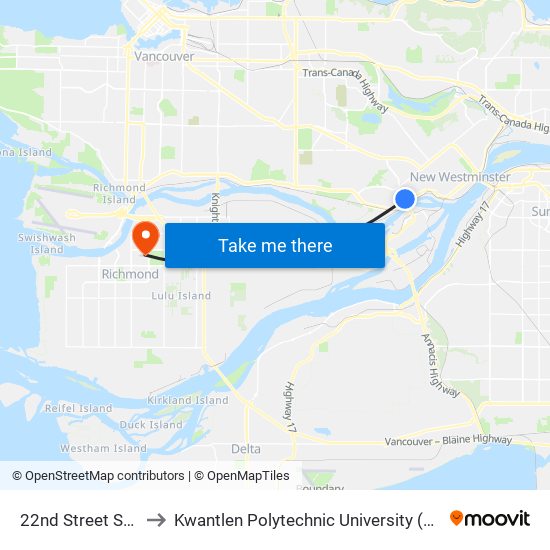 22nd Street Station to Kwantlen Polytechnic University (Richmond) map