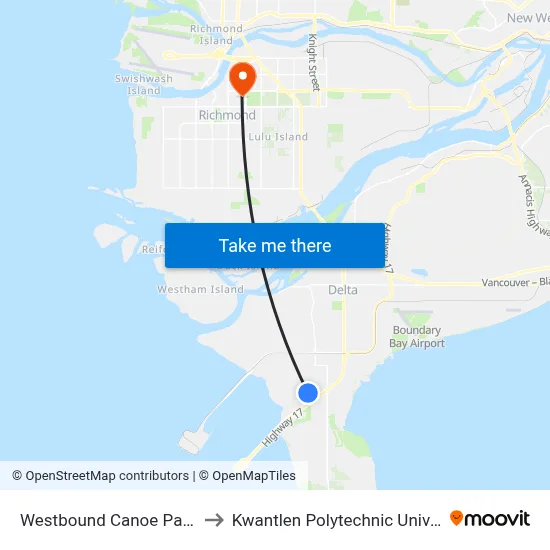 Westbound Canoe Pass Way @ 52 St to Kwantlen Polytechnic University (Richmond) map