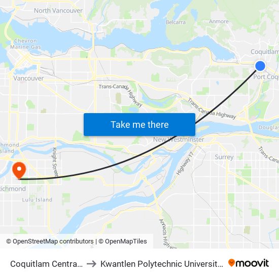 Coquitlam Central Station to Kwantlen Polytechnic University (Richmond) map