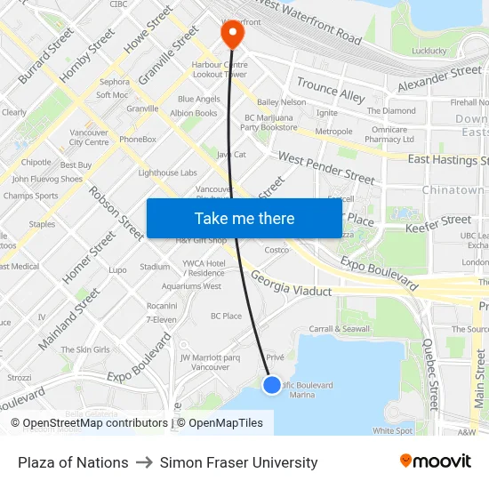 Plaza of Nations to Simon Fraser University map