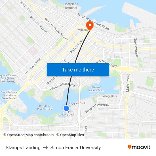 Stamps Landing to Simon Fraser University map