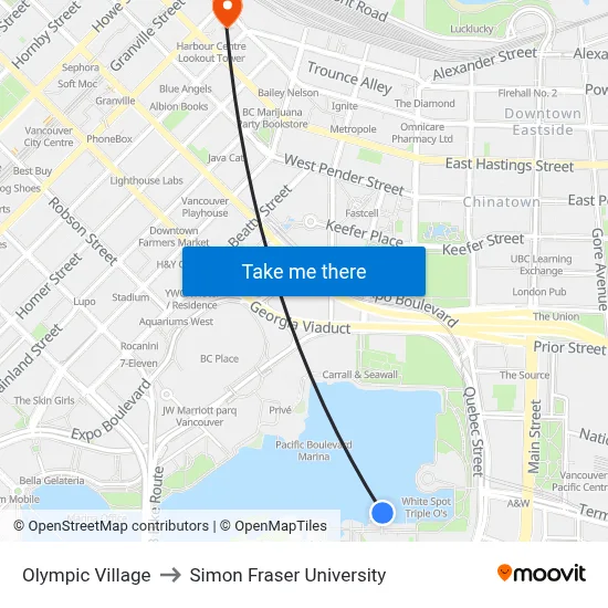 Olympic Village to Simon Fraser University map