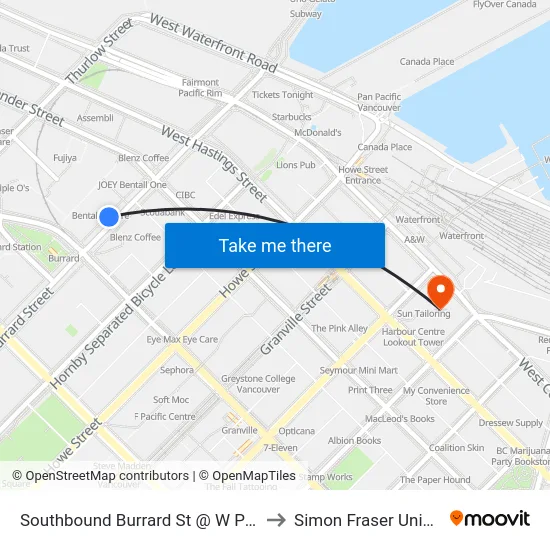 Southbound Burrard St @ W Pender St to Simon Fraser University map