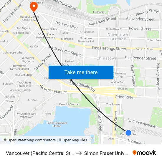 Vancouver (Pacific Central Station) to Simon Fraser University map