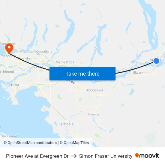 Pioneer Ave at Evergreen Dr to Simon Fraser University map