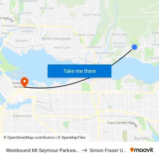 Westbound Mt Seymour Parkway @ Apex Ave to Simon Fraser University map