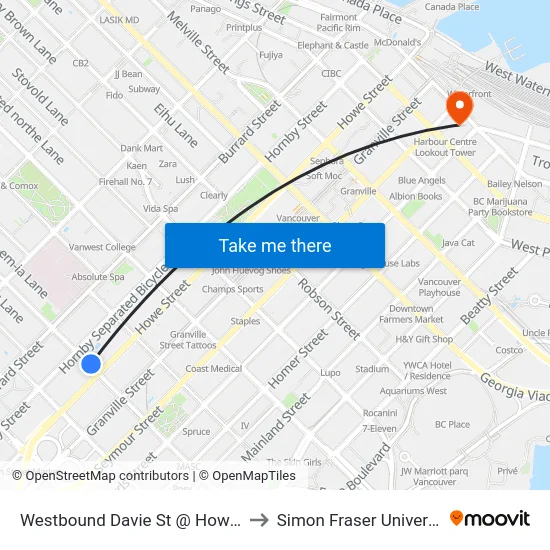 Westbound Davie St @ Howe St to Simon Fraser University map