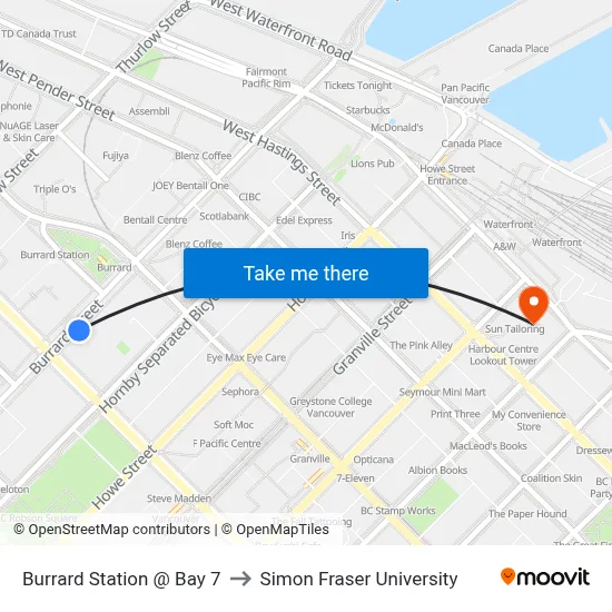 Burrard Station @ Bay 7 to Simon Fraser University map