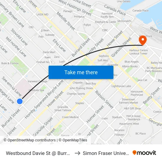 Westbound Davie St @ Burrard St to Simon Fraser University map