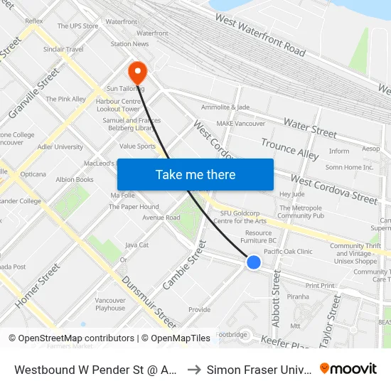 Westbound W Pender St @ Abbott St to Simon Fraser University map