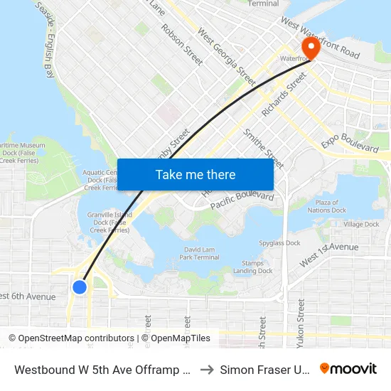 Westbound W 5th Ave Offramp @ Granville St to Simon Fraser University map