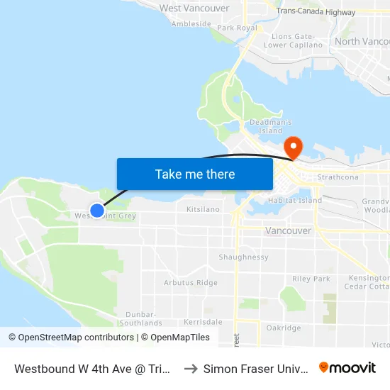 Westbound W 4th Ave @ Trimble St to Simon Fraser University map