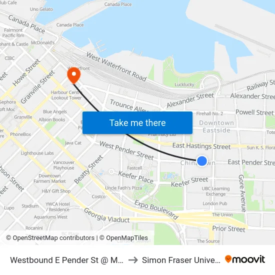 Westbound E Pender St @ Main St to Simon Fraser University map