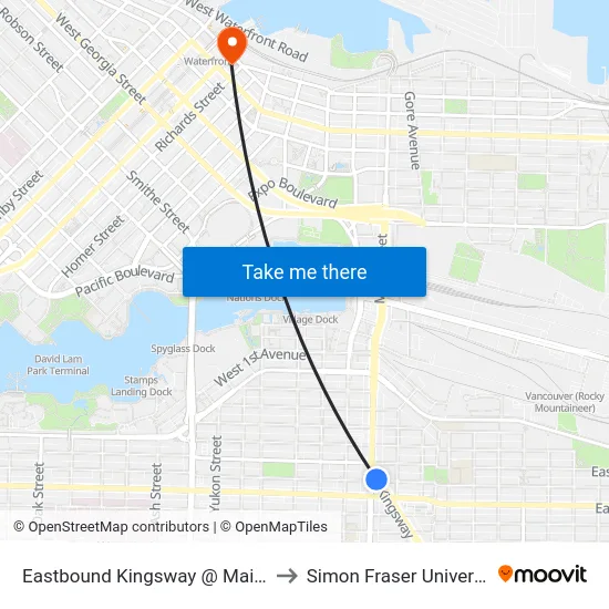 Eastbound Kingsway @ Main St to Simon Fraser University map