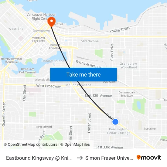 Eastbound Kingsway @ Knight St to Simon Fraser University map