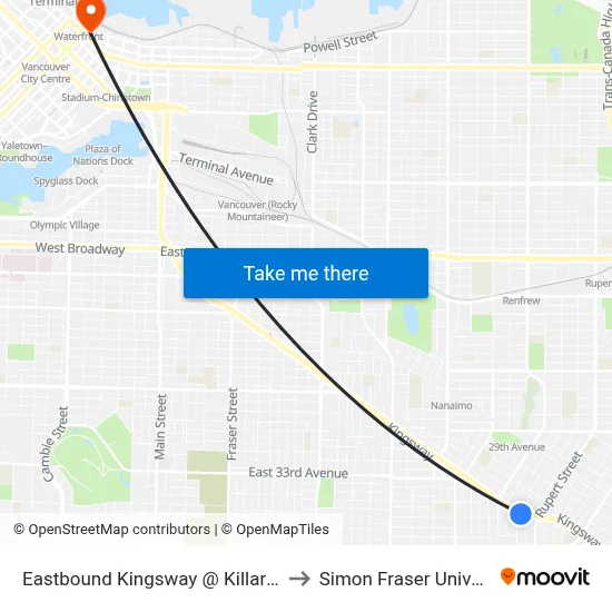 Eastbound Kingsway @ Killarney St to Simon Fraser University map