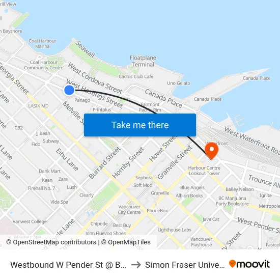 Westbound W Pender St @ Bute St to Simon Fraser University map
