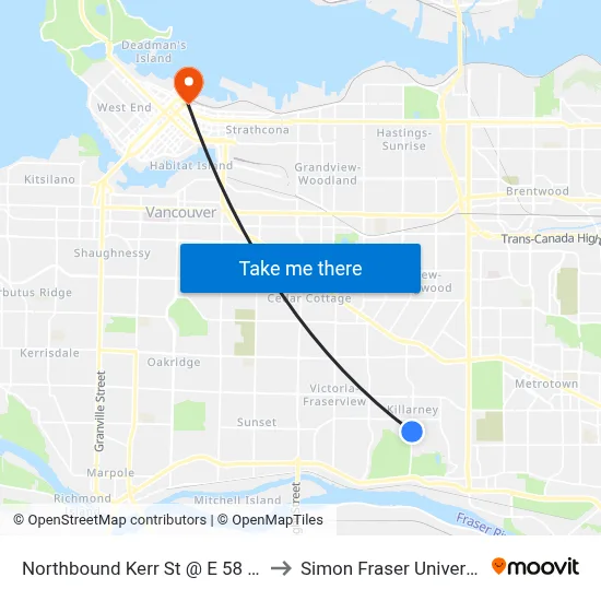Northbound Kerr St @ E 58 Ave to Simon Fraser University map