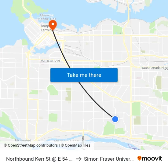 Northbound Kerr St @ E 54 Ave to Simon Fraser University map