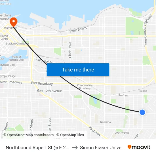 Northbound Rupert St @ E 22 Ave to Simon Fraser University map