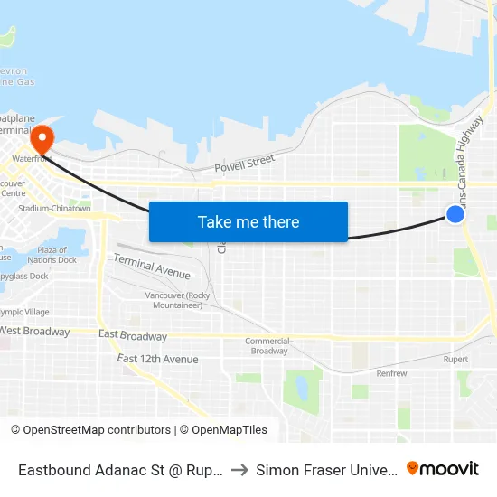 Eastbound Adanac St @ Rupert St to Simon Fraser University map