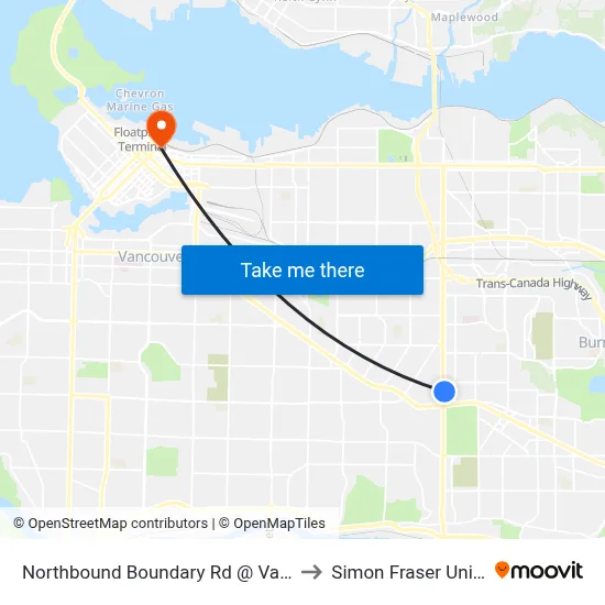 Northbound Boundary Rd @ Vanness Ave to Simon Fraser University map