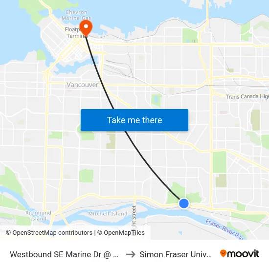 Westbound SE Marine Dr @ Kerr St to Simon Fraser University map