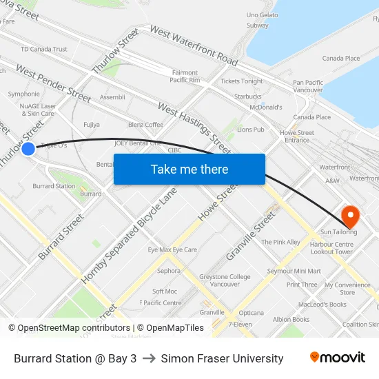 Burrard Station @ Bay 3 to Simon Fraser University map