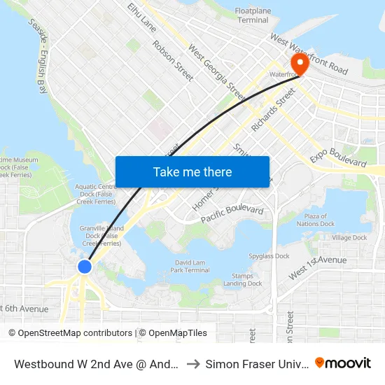 Westbound W 2nd Ave @ Anderson St to Simon Fraser University map