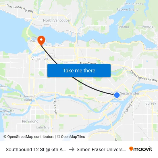 Southbound 12 St @ 6th Ave to Simon Fraser University map