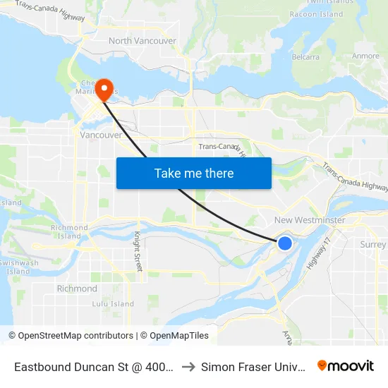 Eastbound Duncan St @ 400 Block to Simon Fraser University map