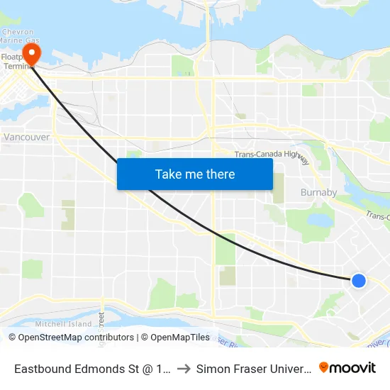 Eastbound Edmonds St @ 16 St to Simon Fraser University map