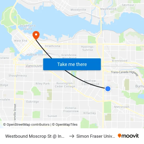 Westbound Moscrop St @ Inman Ave to Simon Fraser University map
