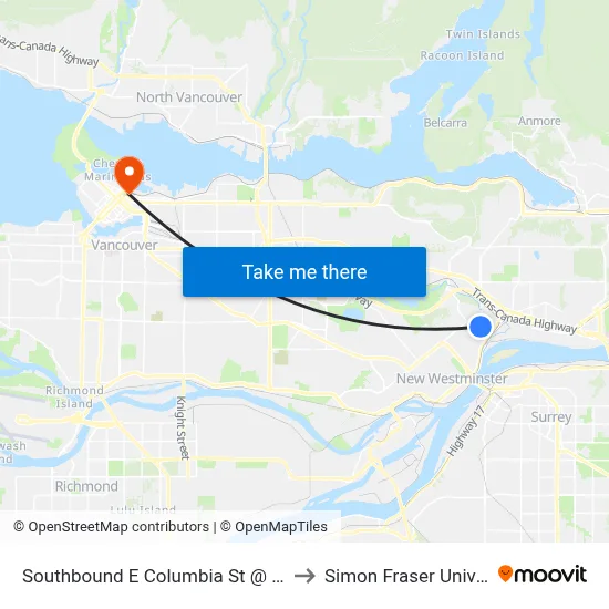 Southbound E Columbia St @ Braid St to Simon Fraser University map