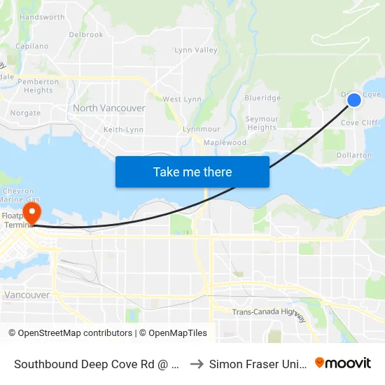 Southbound Deep Cove Rd @ Badger Rd to Simon Fraser University map