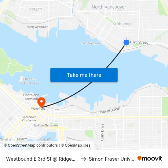 Westbound E 3rd St @ Ridgeway Ave to Simon Fraser University map
