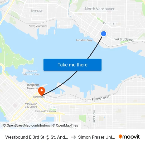Westbound E 3rd St @ St. Andrews Ave to Simon Fraser University map