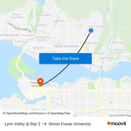 Lynn Valley @ Bay 2 to Simon Fraser University map