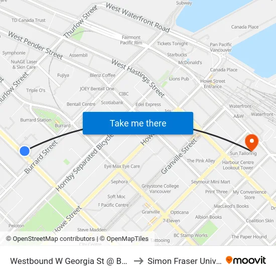 Westbound W Georgia St @ Burrard St to Simon Fraser University map
