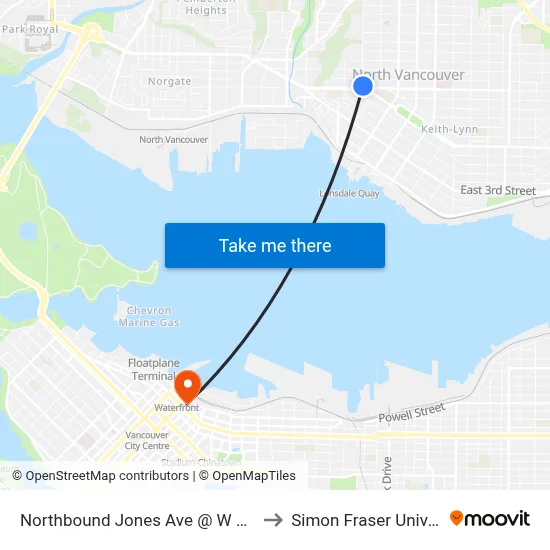 Northbound Jones Ave @ W Keith Rd to Simon Fraser University map