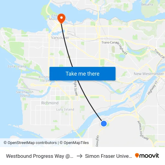 Westbound Progress Way @ 76 St to Simon Fraser University map
