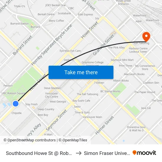 Southbound Howe St @ Robson St to Simon Fraser University map