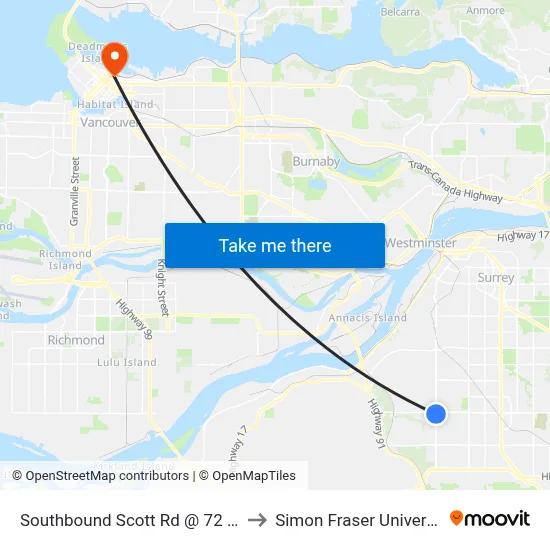 Southbound Scott Rd @ 72 Ave to Simon Fraser University map