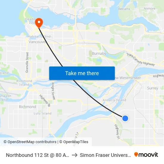 Northbound 112 St @ 80 Ave to Simon Fraser University map