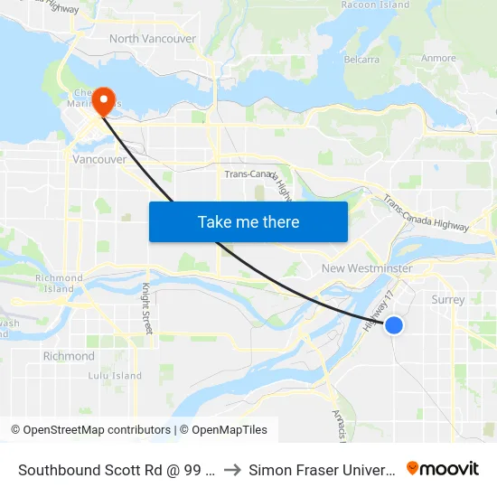 Southbound Scott Rd @ 99 Ave to Simon Fraser University map