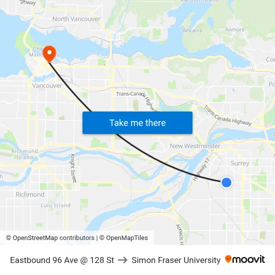 Eastbound 96 Ave @ 128 St to Simon Fraser University map