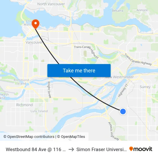 Westbound 84 Ave @ 116 St to Simon Fraser University map